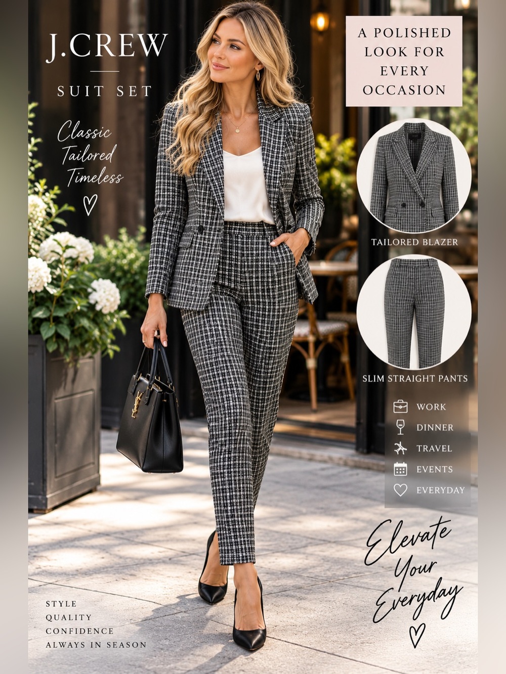 J. Crew Plaid Suit Set Blazer Size 4 Pants Size 6 Black White Check Stretch